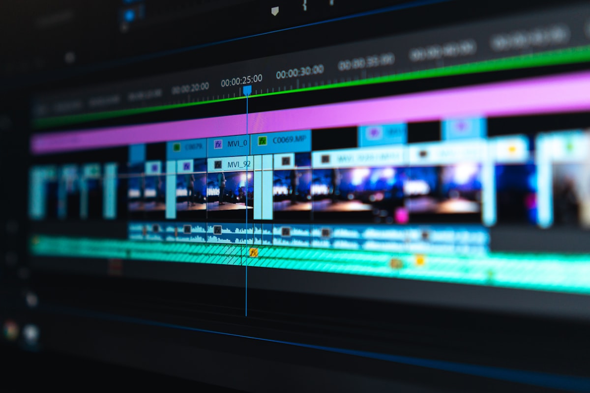 Video editing timeline filled with stock footage B-roll clips on screen
